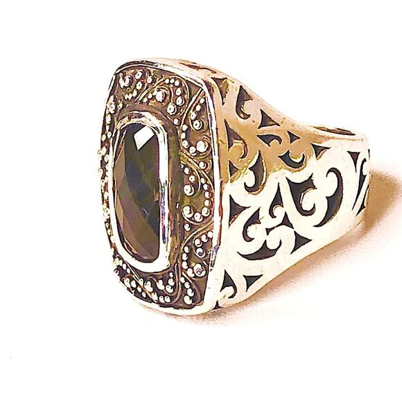 LOIS HILL Sterling Silver Smokey Topaz Granulated Caviar Cut Out Cocktail Ring - Picture 12 of 17